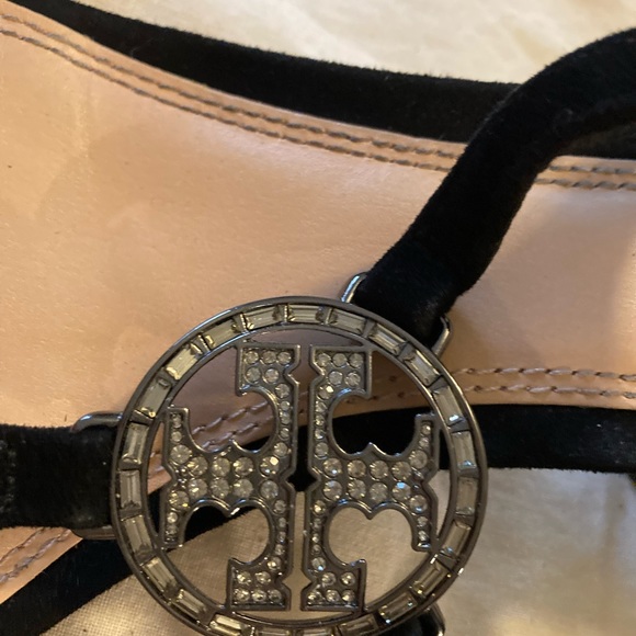 Tory Burch Black Suede and rhinestone crystal logo heels - Picture 4 of 10